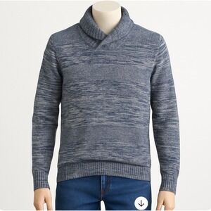 Sun Stone Sweater Shawl Collar Cotton Blend Knit Pullover‎ Blue Gray Mens Large